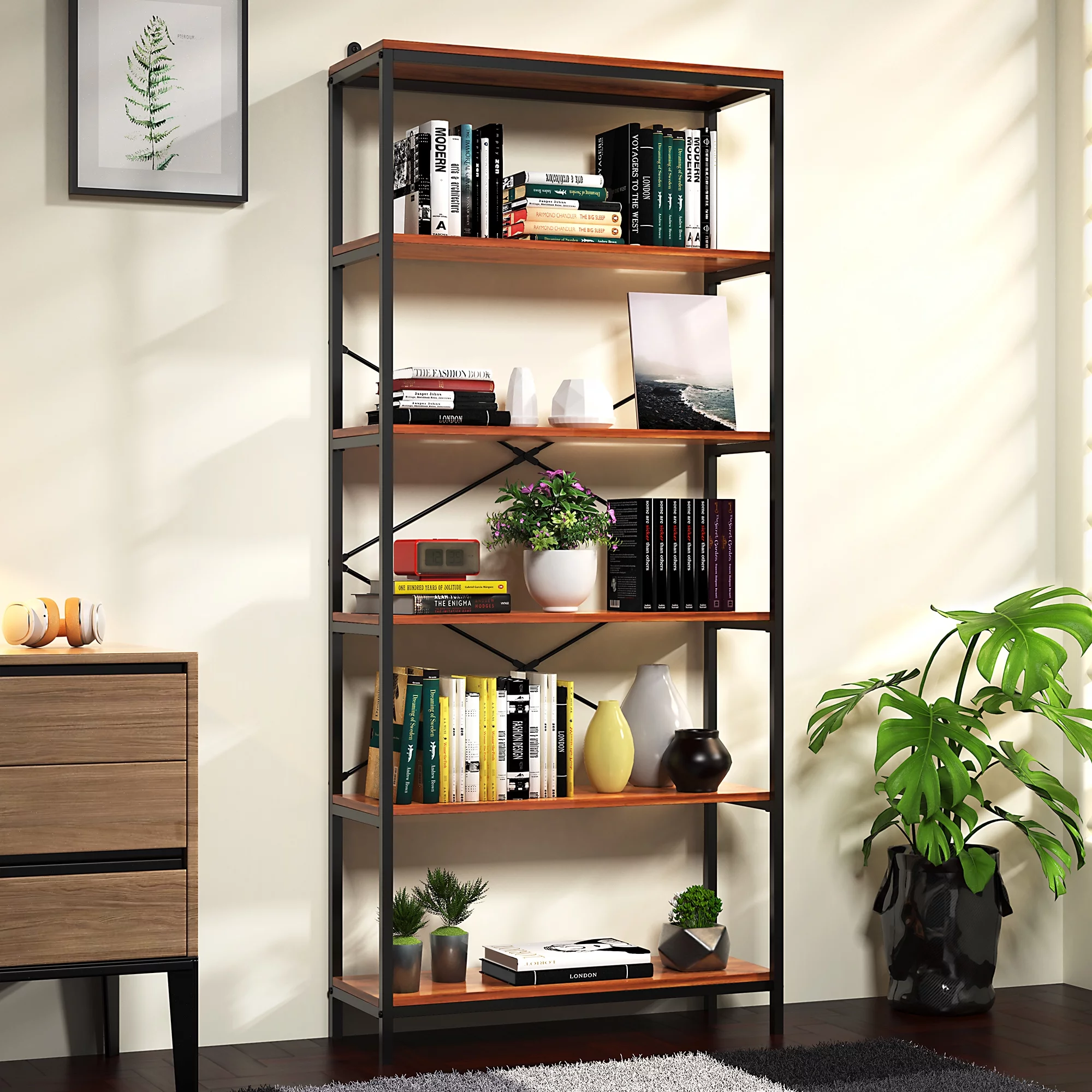 5-Tier Tall Bookcase, 5 Shelf Bookcase Rustic Wood and Metal Standing Bookshelf, Industrial Vintage Book Shelf Unit, Open Modern Office Bookcases