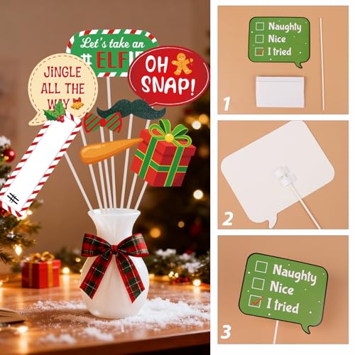 34pcs Christmas Photo Booth Props & Frame Holiday Props for Photoshoot Christmas Selfie Props Xmas Party Supplies Favors Decorations