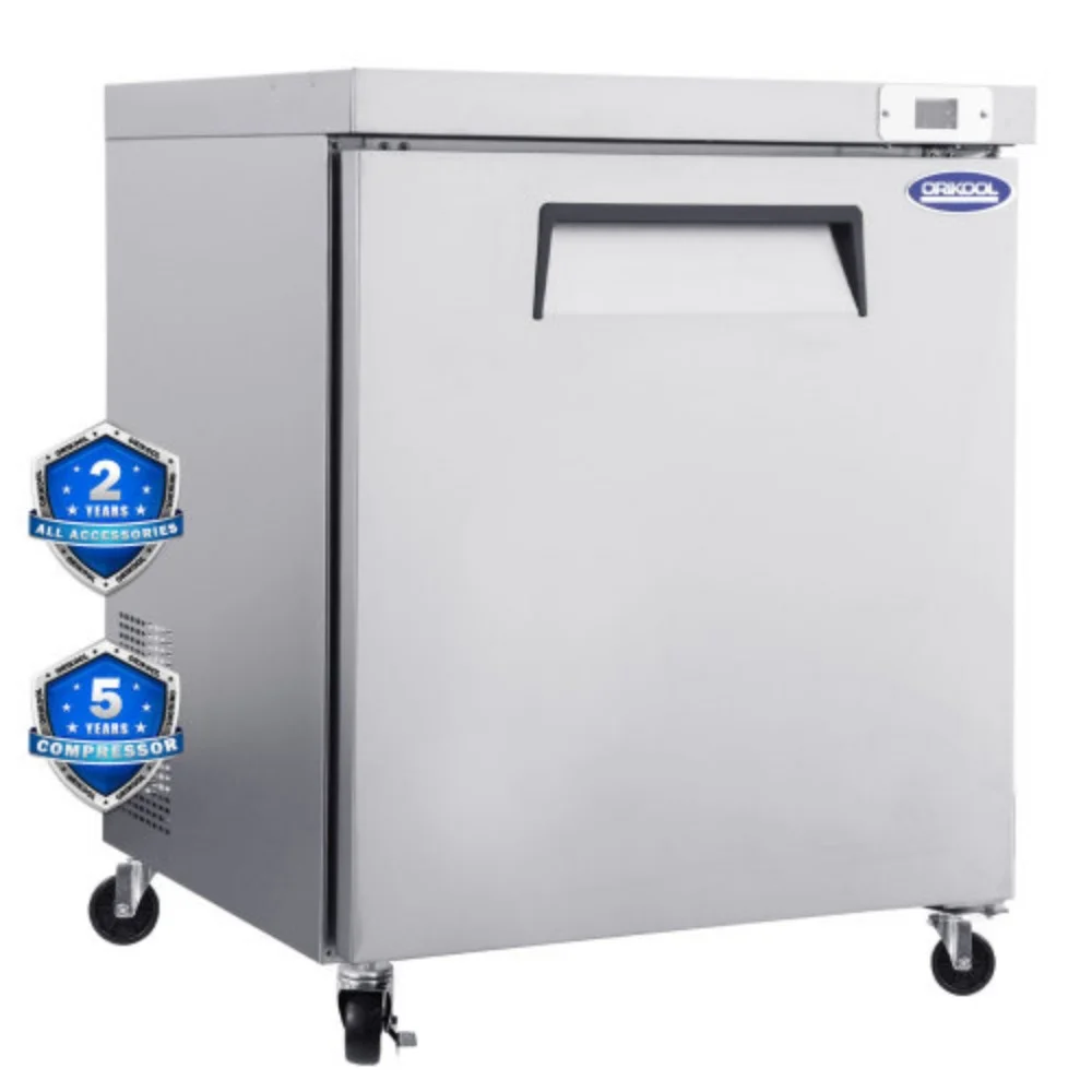 Orikool 29 IN Commercial Refrigerators, Undercounter Refrigerators 8 Cu.Ft with Smooth Casters, 1 Door, ETL Listed for Restaurants, Cafes, Bars And Pizzerias  Silver + Stainless Steel