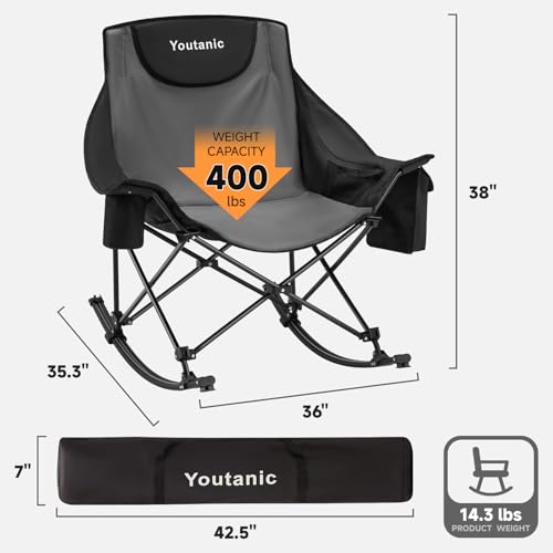 Oversized Folding Rocking Camping Chair, Padded Portable Rocking Chair with Pockets, Cup Holder and Carry Bag, Heavy Duty Outdoor Rocker Patio Chair for Garden, Lawn, Yard, Up to 400lbs, Gray