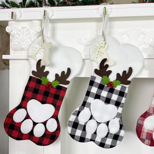 Sexybody Pet Paw Plush Christmas Stockings 2 Pack Xmas Decorations Fireplace Hanging Socks Family Holiday Dog Cat Gift Stockings (Grey & Red)