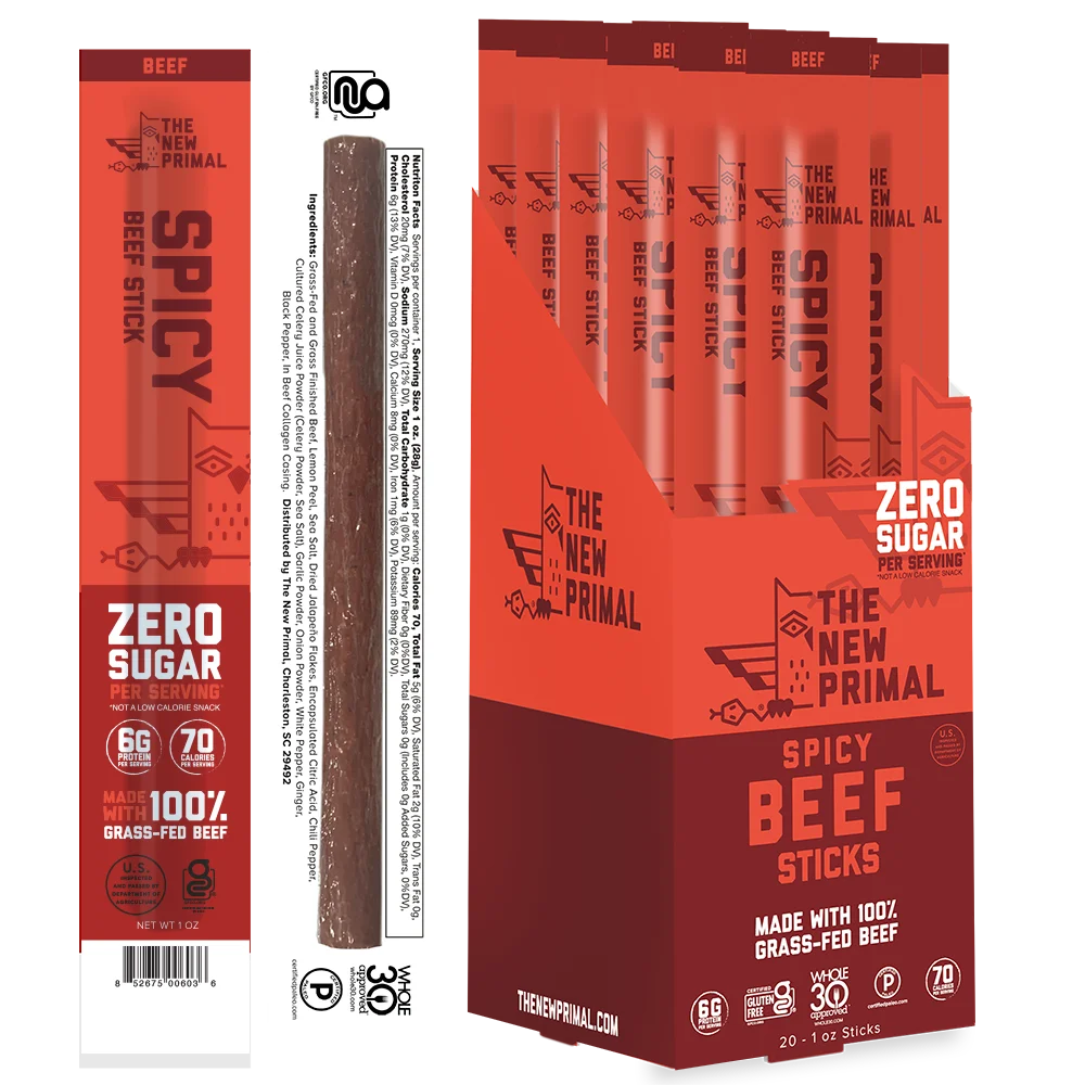 Spicy Beef Meat Sticks, 100% Grass-Fed Beef, Zero Sugar (20 Sticks)