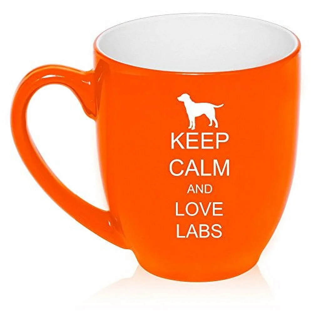 16 oz Large Bistro Mug Ceramic Coffee Tea Glass Cup Keep Calm and Love Labs (Orange)