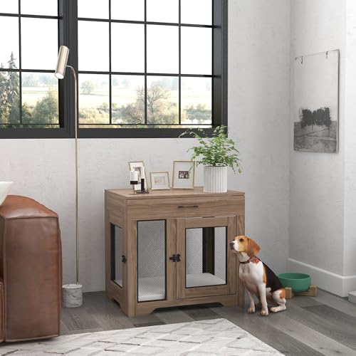 PawHut Dog Crate Furniture with Soft Water-Resistant Cushion, Dog Kennel End Table with Drawer, Puppy Crate for Small Dogs Indoor with 2 Doors, White