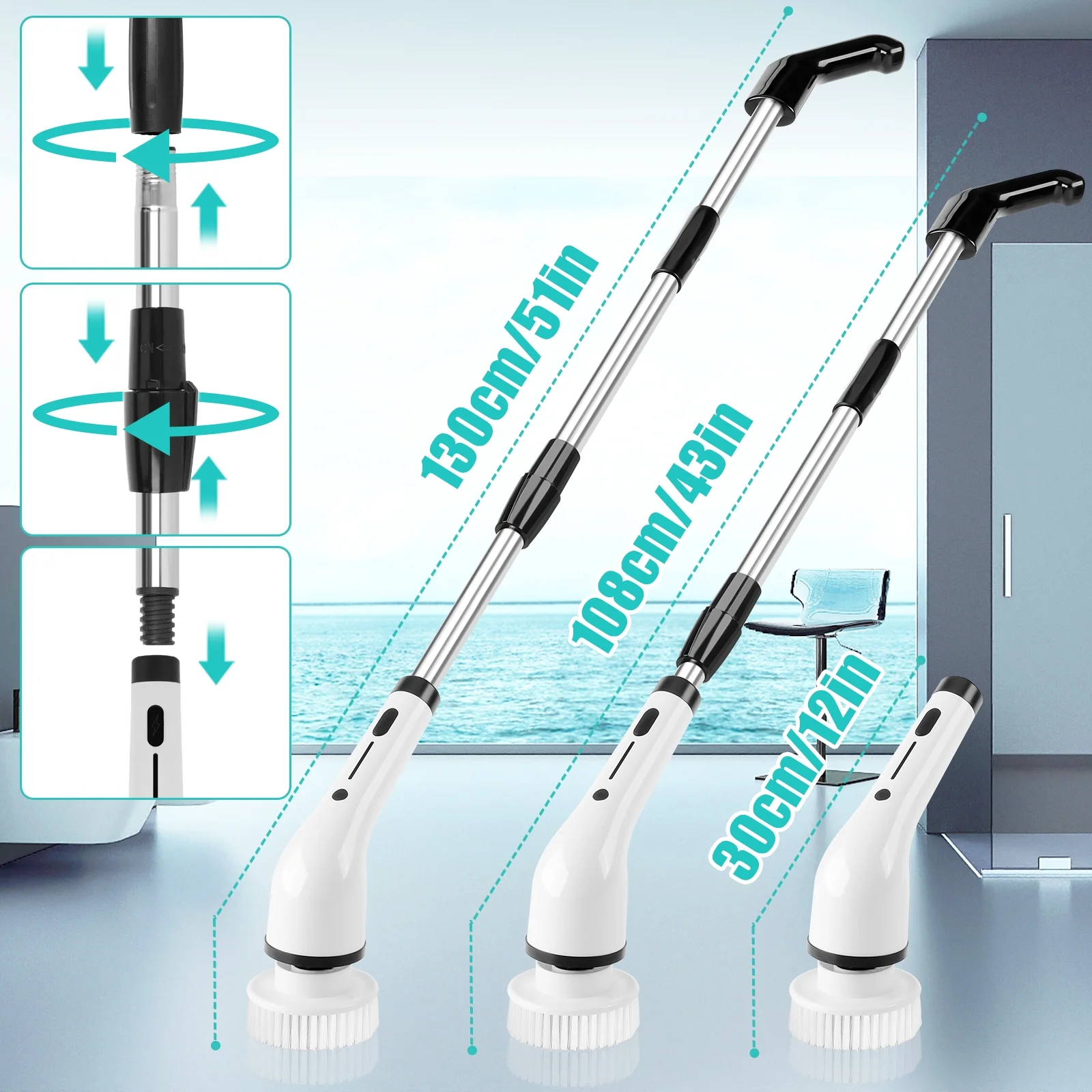 WLRETMCI Electric Spin Scrubber,Cordless Cleaning Brush with 8 Replaceable Brush Heads Extension Handle,Bathroom Shower Scrubber for Tub Floor Tile,Gifts for mom