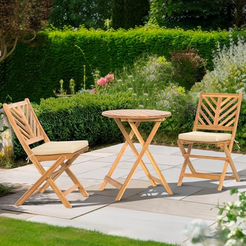 3-Piece Acacia Wood Patio Set, Foldable Bistro Table and Chairs Set of 2,Small Patio Furniture Set with Cushions,Folding Balcony Chairs Table Set for Apartment, Balcony, Deck or Porch