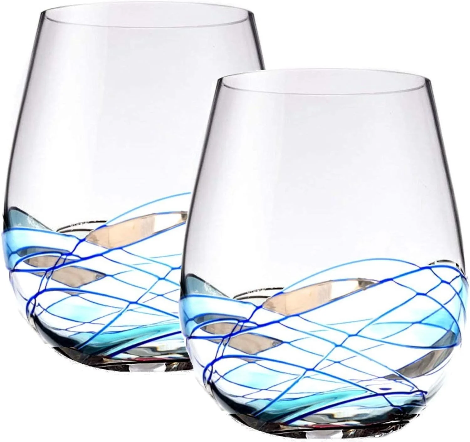 Stemless Wine Glasses Set Of Two | Hand Painted Large Premium Red And White Wine Glasses | Lead-Free Crystal | Essential Wine Gift | 18 Ounces (Blue)