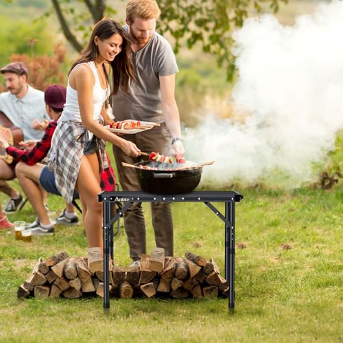 Folding Grill Table, Aluminum Camping Table Adjustable Height Max 27.5