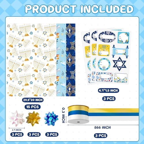 Ertyjikg 30 Pcs Hanukkah Party Supplies Kit Wrapping Paper Gift Tags Bows Rolls Ribbon for Hanukkah Gifts, Decorations