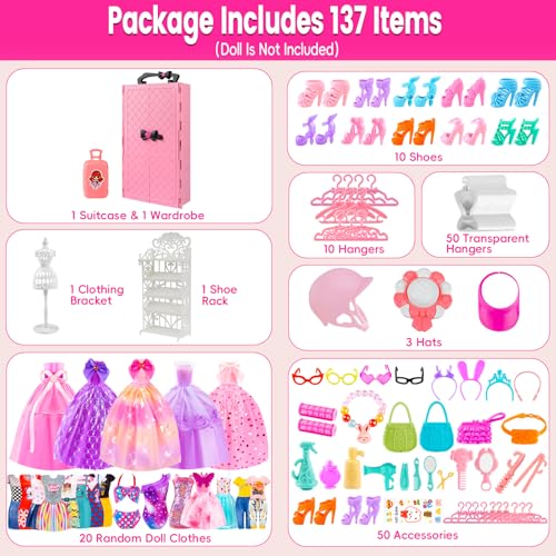 137 Pcs Doll Clothes and Accessories with Closet for 11.5 Inch Doll,Included Princess Dresses,Fashion Dresses,Casual Clothing,Swimsuits,Bags,Shoes,Doll Dress up Toys for Girls Kids Toddlers Gifts