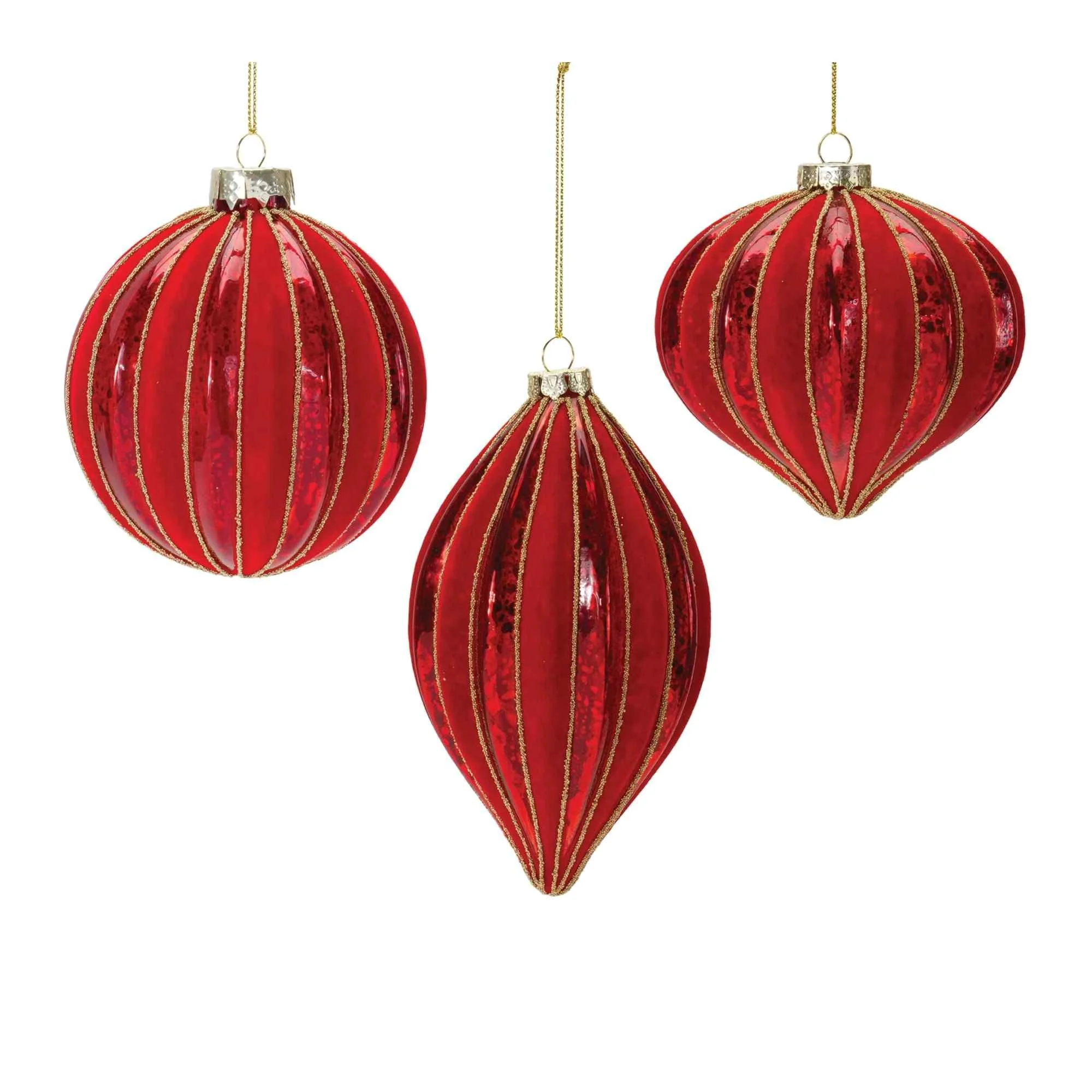 Melrose Set of 6 Red Ribbed Mercury Glass Onion, Ball and Drop Christmas Ornaments 6
