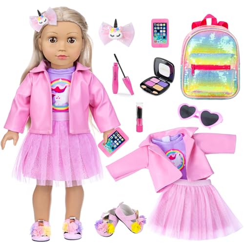 ZNTWEI American 18 Inch Doll Makeup Accessories and Clothes Sunglasses Phone Eye Shadow Lipstick Blusher Hair Clip Backpack Doll Clothes and Shoes Makeup Play Set Gifts ( No Doll )