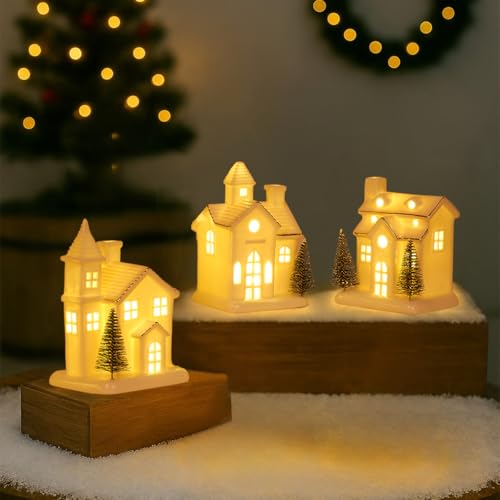 Ceramic White Christmas Village Houses 3Pcs Light Up Small Porcelain Village House with 4Pcs Christmas Trees LED Lighted Tabletop House Figurines Christmas Decorations for Holiday Winter Home Decor