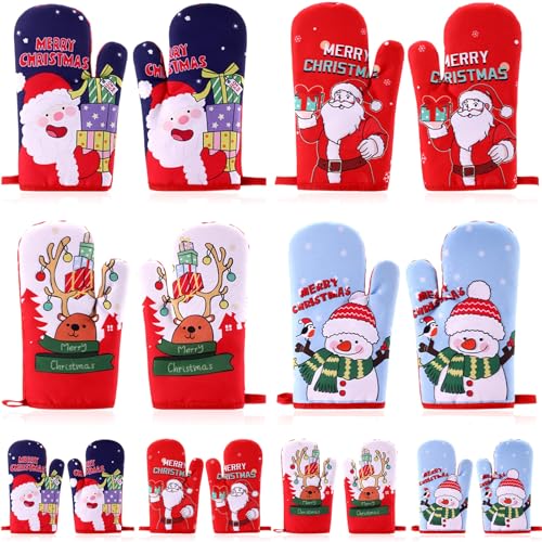 Nuogo 4 Pairs Christmas Oven Mitts Christmas Santa Snowman Oven Mitts Bulk Heat Resistant Cooking Gloves Vacation Kitchen Gloves Decor for Xmas BBQ Cooking Baking Grilling (Deer)
