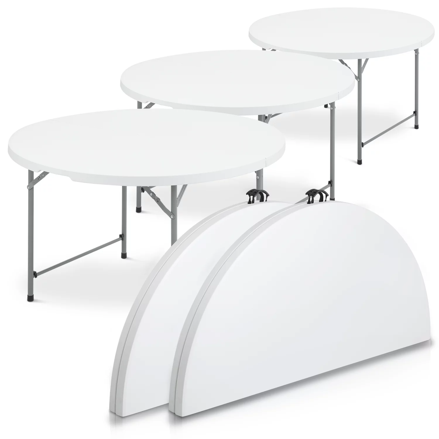 MoNiBloom 4Ft Portable Round Foldable Table Set of 5, Banquet Event Wedding Card Plastic Desk with Handle and Lock, White