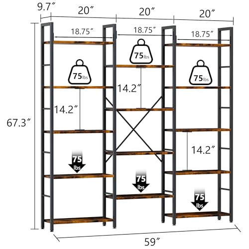 Shintenchi Triple 5 Tier Bookshelf, Industrial Large Bookcase with 14 Open Display Shelves, Large Etagere Bookshelf,Wide Book Shelf Book Case for Home & Office, Rustic Brown