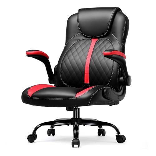 GTRACING Office Computer Gaming Chair Ergonomic Desk Chair for Adults with Lumbar Support Flip-Up Arms Adjustable Height Swivel Wheels PU Leather Executive Design for Short People Use, White