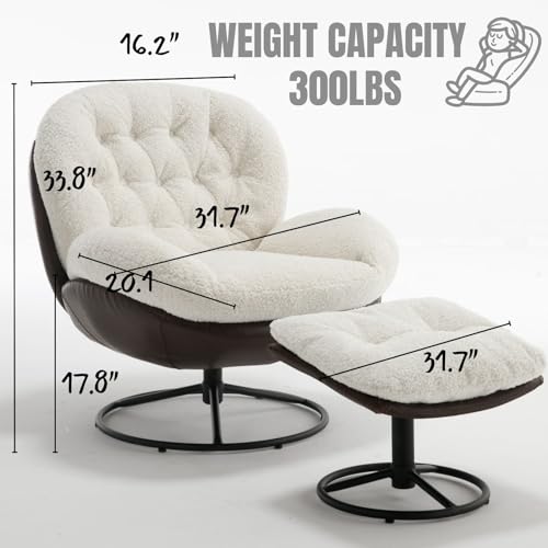 ZHENGHAO Swivel Accent Chair with Ottoman, Mid Century Modern Faux Fur Lounge Chair with footrest, Comfy Fluffy Armchair with 360° Metal Base for Reading/Living Room/Bedroom, White