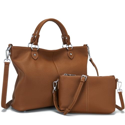 Genuine Leather Purses Handbags for women,Real Soft Leather Tote Purse Bags for Work Travel Business Trip,Color Brown