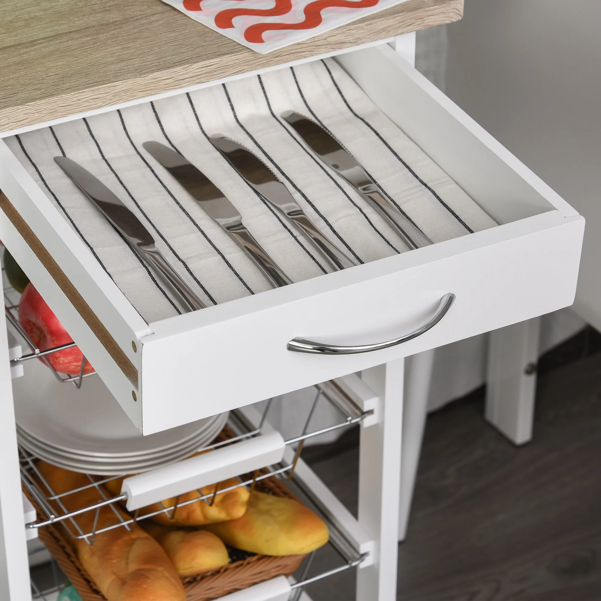 HOMCOM Compact Kitchen Cart, Rolling Kitchen Island with Storage, Solid Wood Frame Utility Cart with 4 Wire Fruit Baskets and Drawer, White