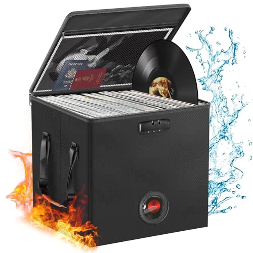 Vinyl Record Storage Box with Lock&Label,Fireproof＆Water Resistant LP Record Storage Crate for 100+ Single Records,Collapsible Vinyl Record Case with Lid&Handles for Valuable Album Collection