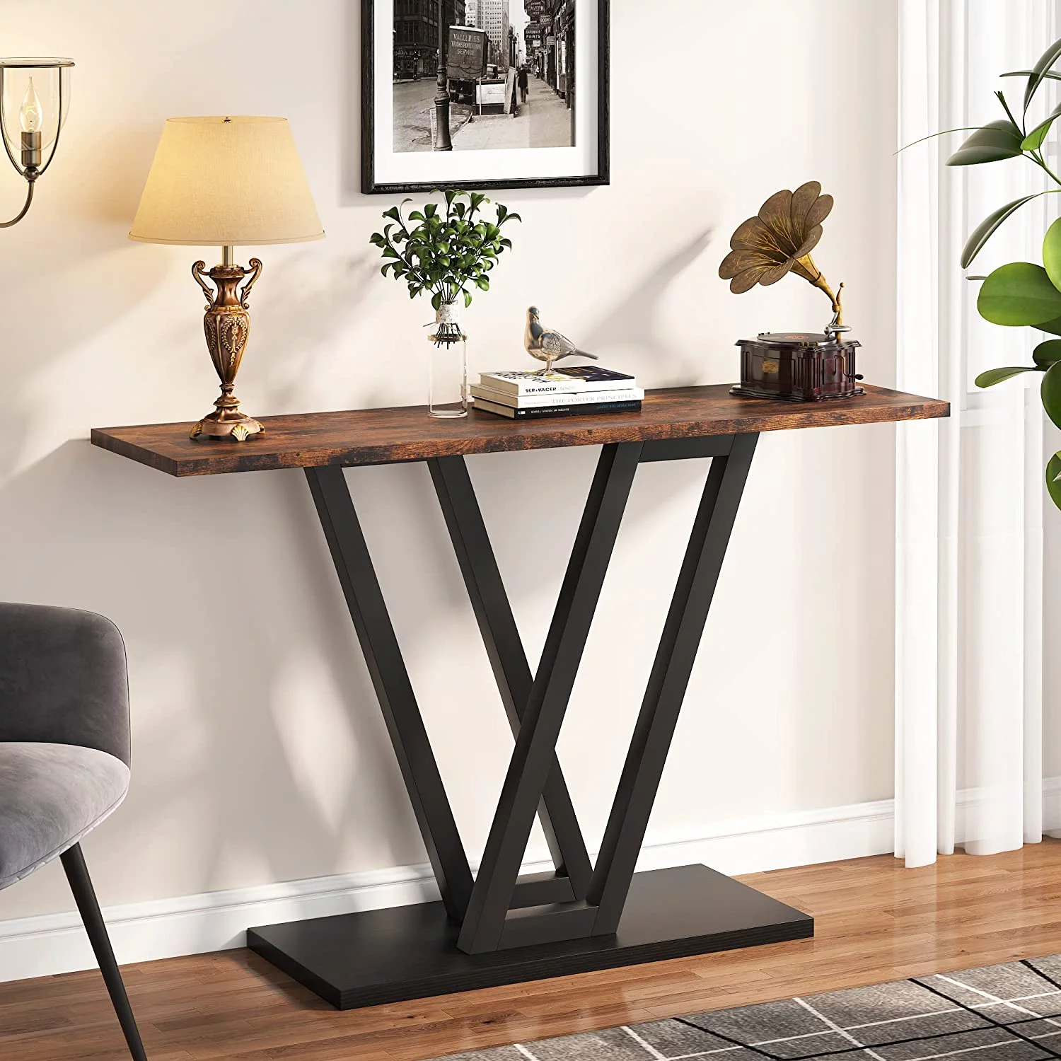 Industrial Console Table Hallway Table for Entryway, Rustic Brown