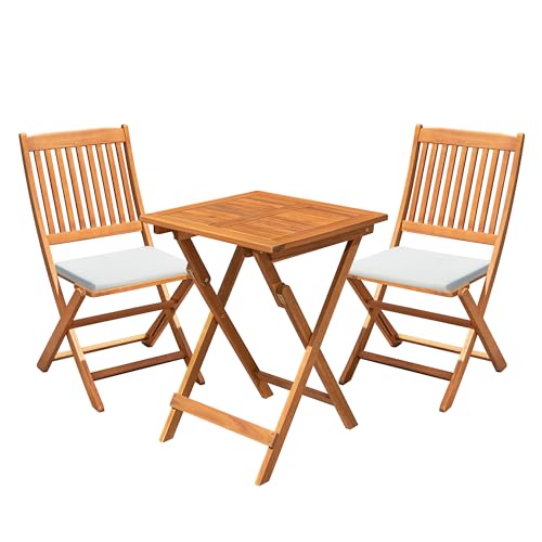 Flamaker Patio Set 3 Piece Acacia Wood Folding Bistro Set Outdoor Square Table and Chairs Balcony Furniture for Porch, Lawn, Backyard (Natural)
