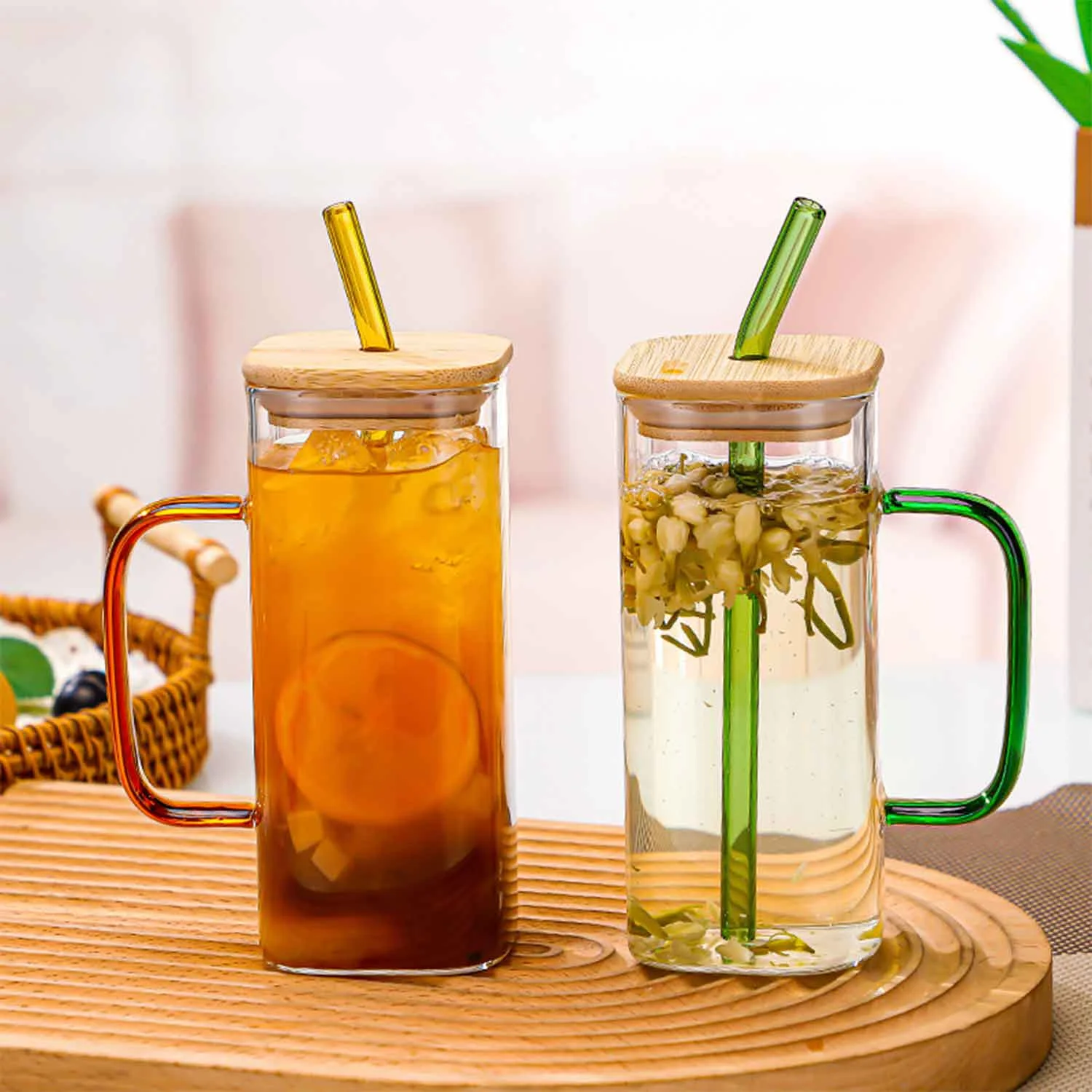 Glass Cups with Bamboo Lids and Glass Straw, Square Shape Drinking Glasses with Handle Ice Coffee Bottle Glasses Fruit Juice Cup Great for Soda Cocktail Beer Whiskey (Green)