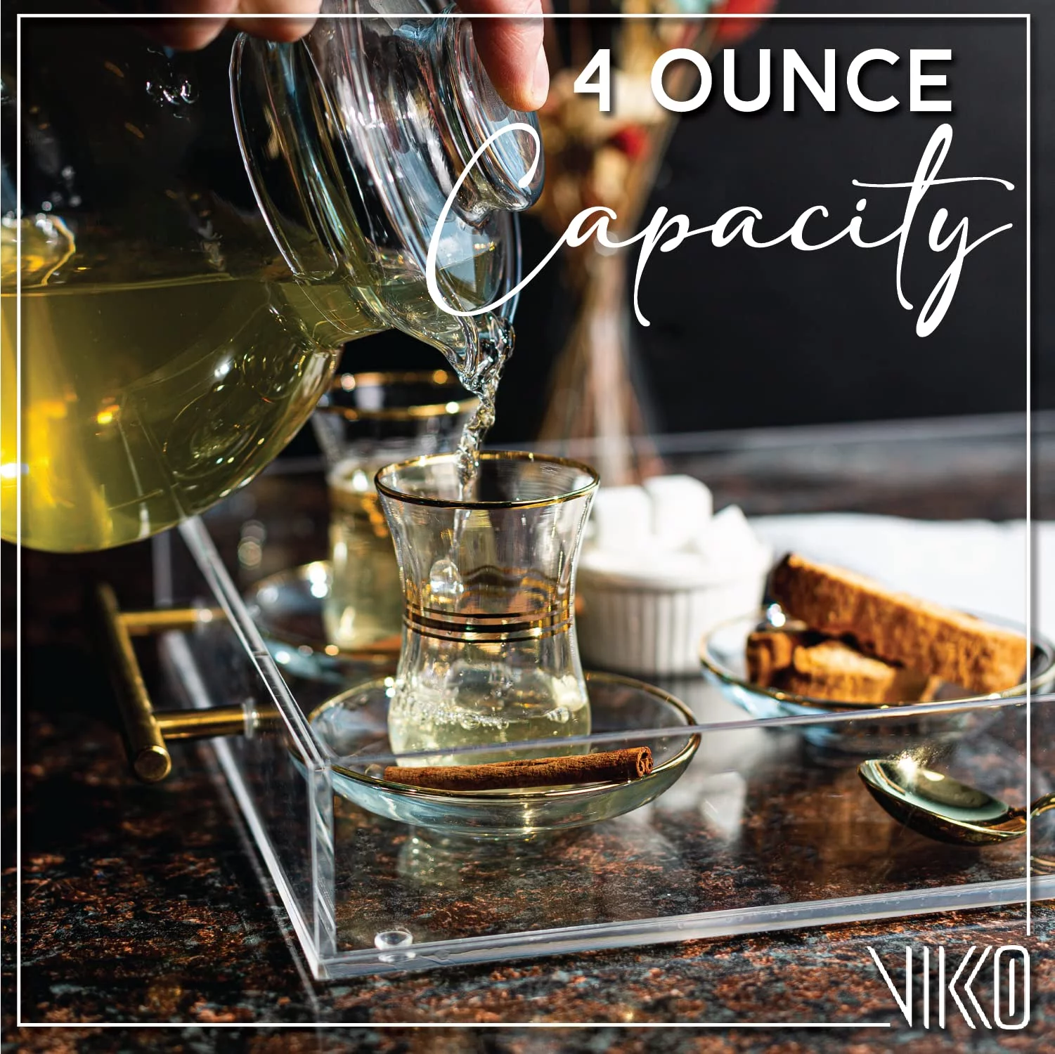 Vikko Turkish Tea Glasses & Saucers, 4 Oz Authentic Turkish Tea Cups,Set of 6 Clear Glass Tea Cups And Saucers, Gold Accented Turkish Tea Cup Set, 6 Cups and 6 Plates