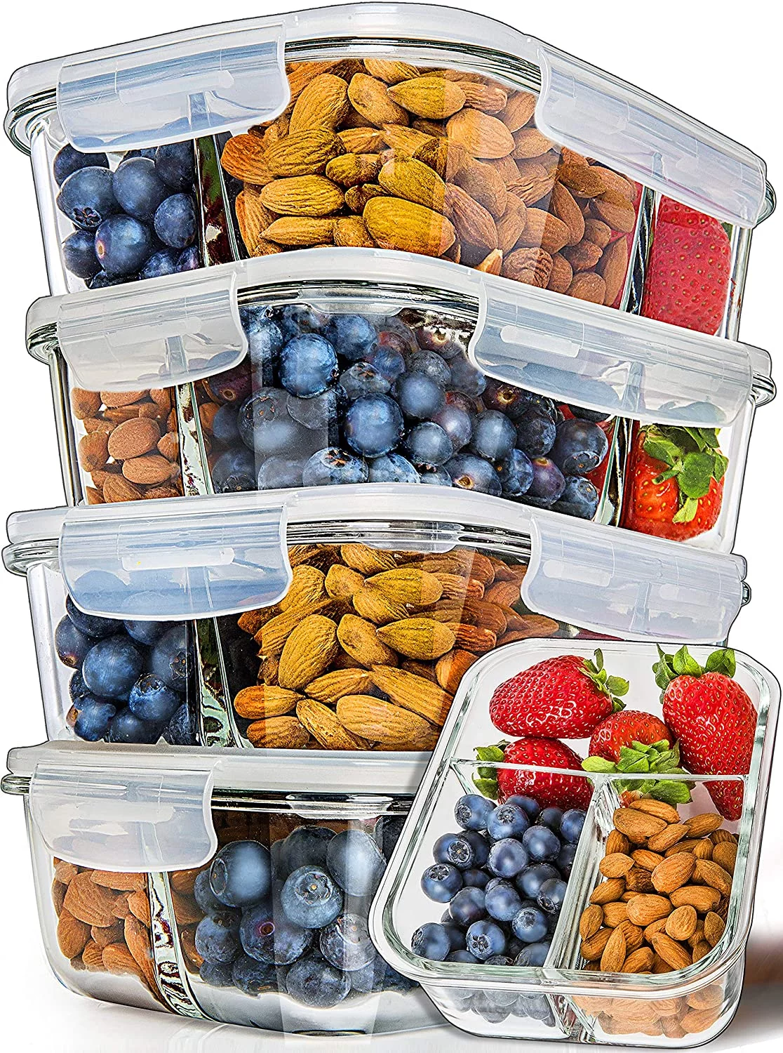 Prep Naturals - Glass Food Storage Containers - Meal Prep Container - 5 Packs, 3 Compartments, 34 Oz