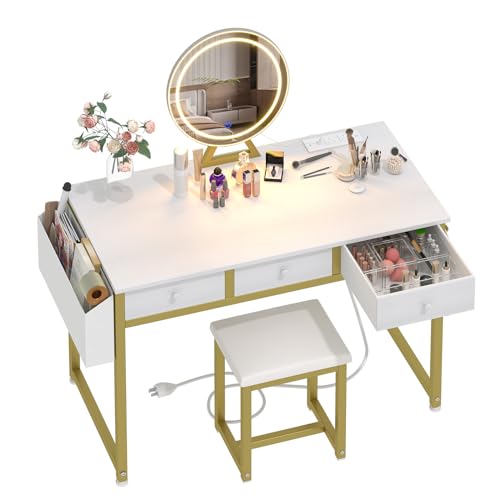 Lufeiya White Makeup Vanity Desk with Mirror and Lights, 40 inch Make Up Vanity Desks with Fabric Drawers & Power Outlet, Dressing Table and Chair Set for Girls Bedroom, White
