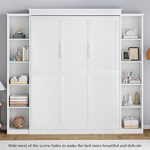 Rophefx Queen Murphy Bed Cabinet with 5-Tier Adjustable Storage Shelves, Wood Queen Wall Bed Cabinet Bedframe, Space Saving Beds, Hidden Bedframe, Foldable Platform Beds for Guest Room, Bedroom, White