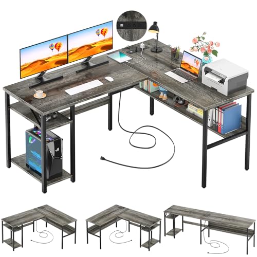 Unikito L Shaped Desk with LED Light and Power Outlet, Reversible Corner Computer Table with Monitor Stand and Storage Shelf, Modern L- Shaped Gaming Desk, Ergonomic Home Office Desk, Rustic Brown