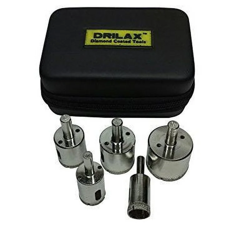 Drilax 5 Pcs Diamond Drill Bit Set 3/4", 1", 1-3/16", 1-3/8", 1-5/8" Wet Cutting Tiles, Glass, Fish Tanks, Marble, Granite, Ceramic, Porcelain, Bottle