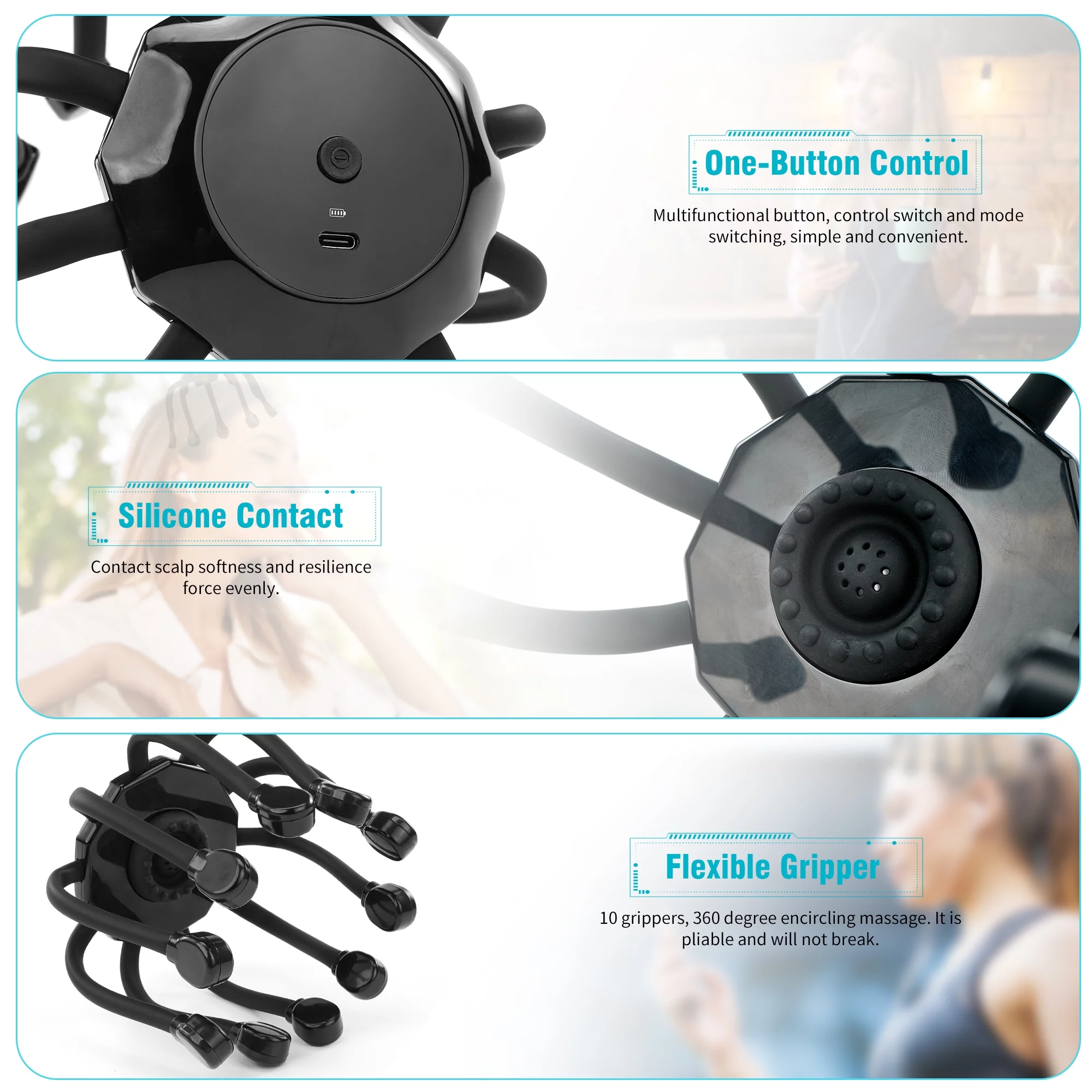 KEKOY Electric Scalp Massager, Head Massager With 5 Modes and 10 Vibrating Contacts, USB Charging 360 Degree Head Massager Scalp Stress Relax, Black