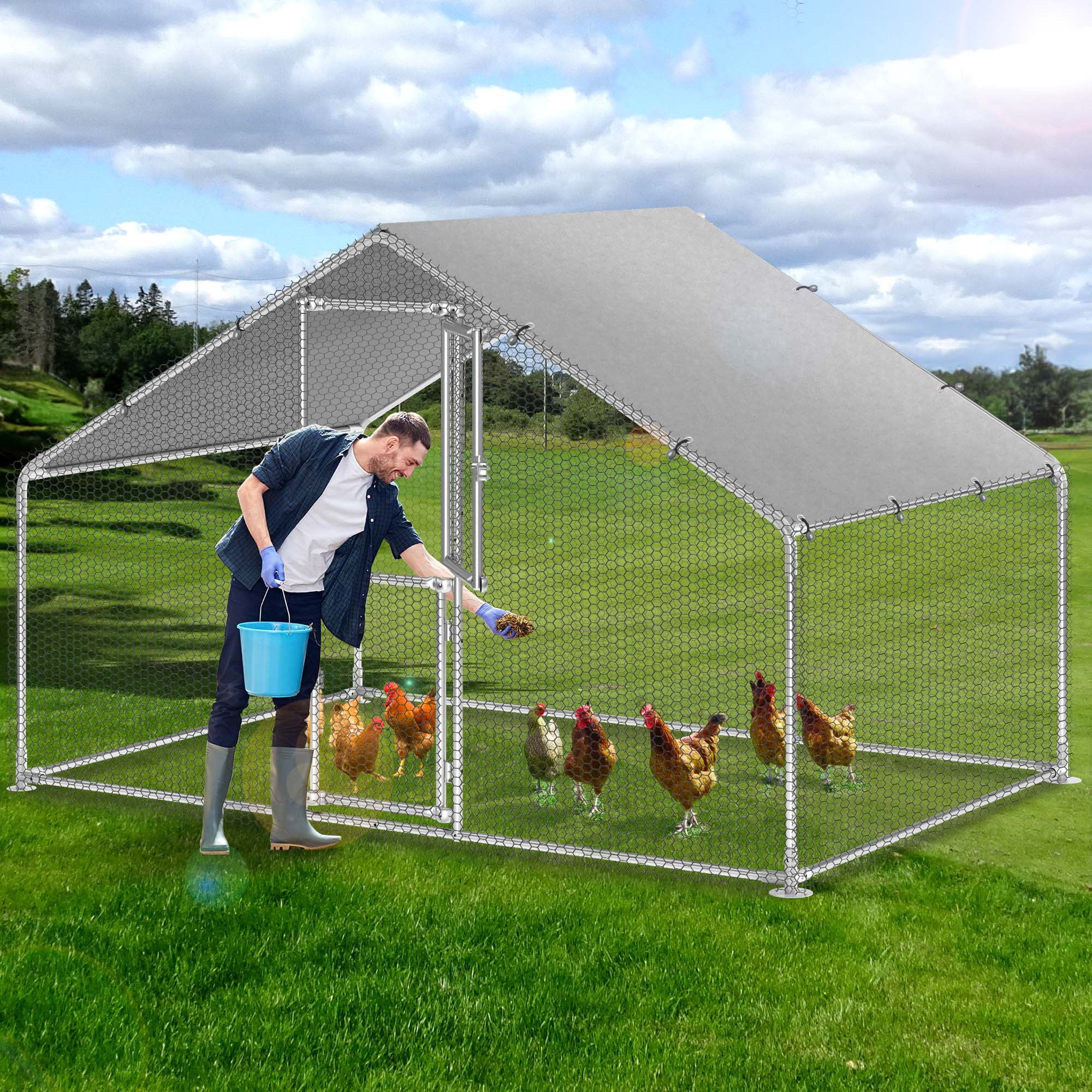 Dextrus Chicken Run Coop 6.6 x 9.8 x 6.4 ft Large Metal Chicken Coop Spire Shaped, Walk-in Hen Cage, Outdoor Poultry Cage with Waterproof Cover for Backyard