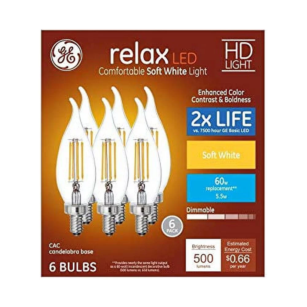 GE Relax 6-Pack LED Decorative 60 W Equivalent, Dimmable Soft White Ca12 LED Light Bulbs Decorative Candelabra Antique