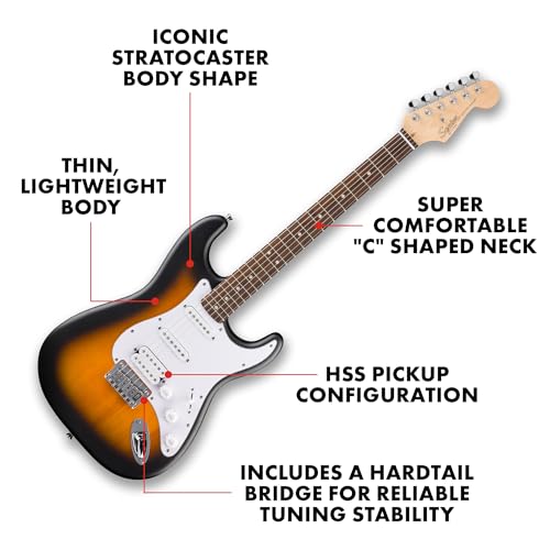 Fender Squier Debut Series Stratocaster HT HSS Electric Guitar, Beginner Guitar, 2-Year Warranty, Includes Free Lessons, Black with Satin Urethane Finish