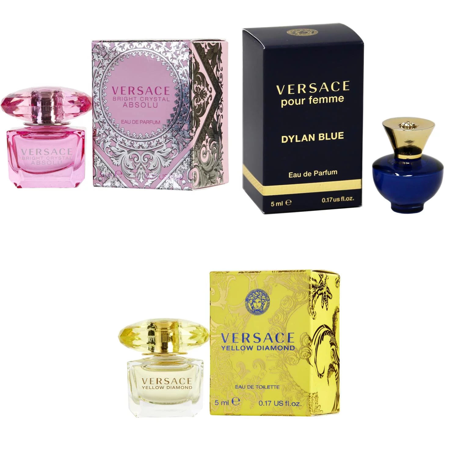 Versace Bright Crystal Absolu EDP, Dylan Blue Femme EDP, Yellow Diamond  EDT - 5ml 3PK Kit