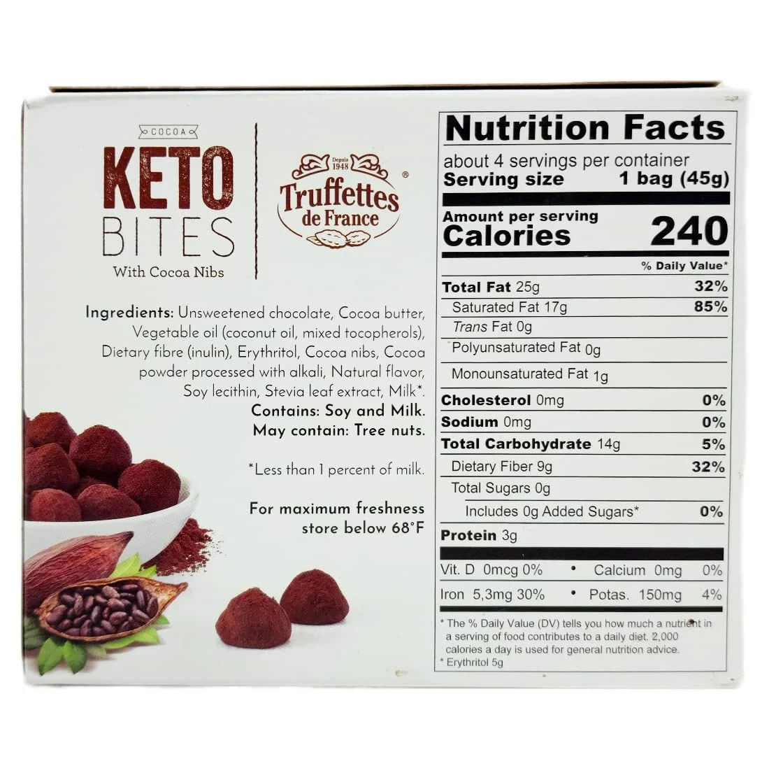 Gluten Free Truffettes de France Cocoa Keto Bites Budle - Includes Coconut Truffles and Cocoa Truffles - 4 Snack Bags Per Box - 8 Total - Comes with  Fridge Magnet