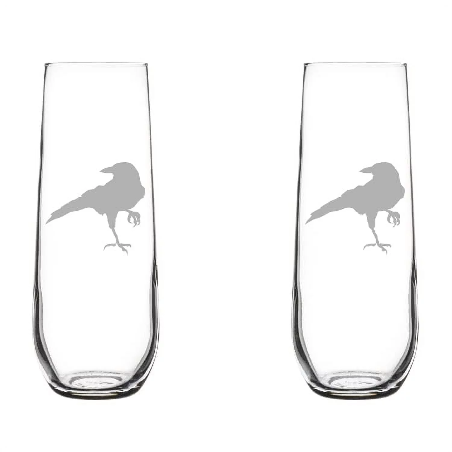 Set of 2 Glass Champagne Flutes Sparkling Wine Glasses Crow Raven Blackbird (8.5 oz Stemless)