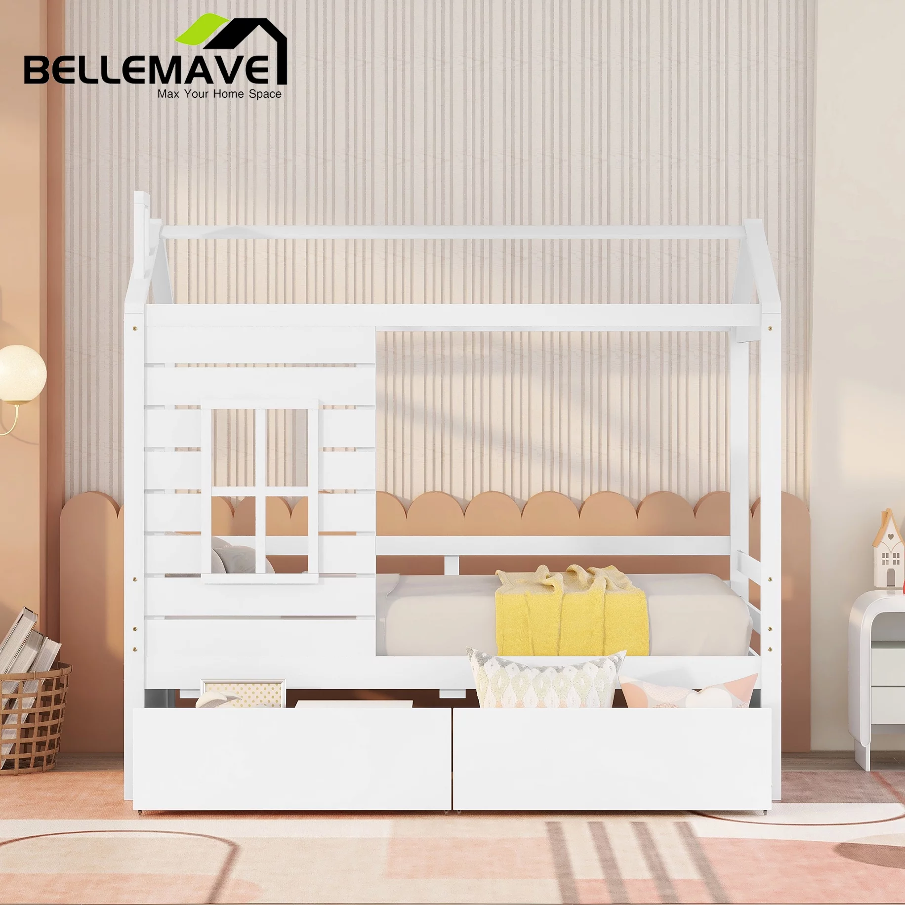 Bellemave Twin Size House Bed with Drawers Kids Bed with Storage Wooden Bed Frame with Guard Rails Twin Kids Bed Frame for Boys, Girls, White