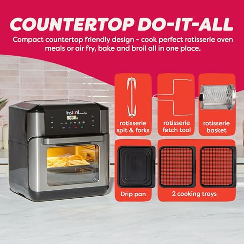 Instant Pot 10QT Air Fryer, 7-in-1 Functions with EvenCrisp Technology that Crisps, Broils, Bakes, Roasts, Dehydrates, Reheats & Rotisseries, Includes over 100 In-App Recipes, Stainless Steel