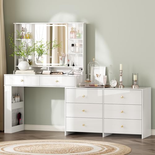 Large Makeup Vanity Desk with Mirror and Lights, Vanity Desk with 8 Drawers & Storage Shelves, Vanity Table with Power Outlet, 3 Color Modes & Adjustable Brightness Dressing Table, Bedroom,White2