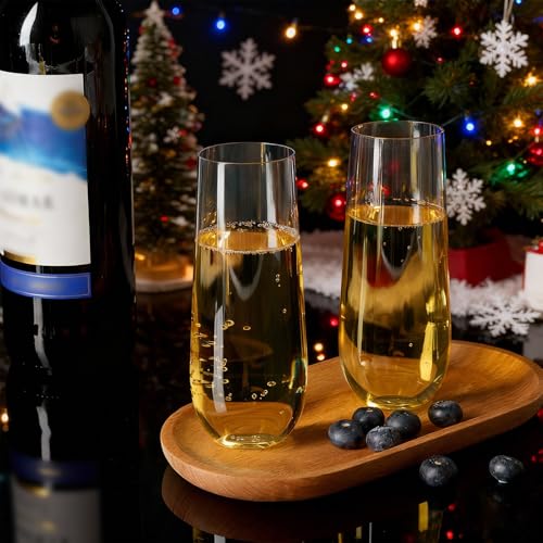 FOCUSLINE 24 Pack 9 Oz Plastic Stemless Gold Rim Champagne Flutes, Heavy Duty, Shatterproof, Disposable & Reusable Crystal Clear Toasting Glasses