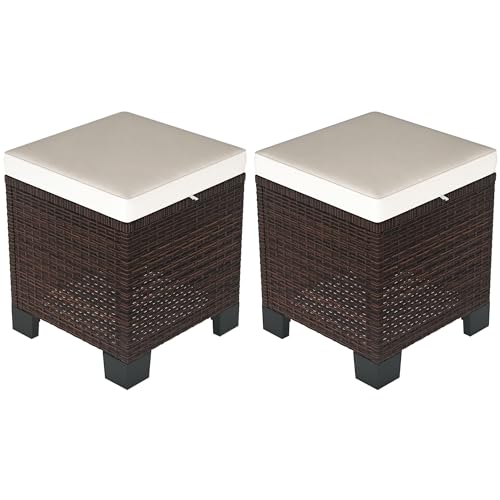 Outsunny 2 Pieces Outdoor Patio Ottomans, All Weather Wicker Outdoor Footstools with Removable Cushions, 3-in-1 PE Rattan Ottoman Seat, Footrest and Side Table for Backyard, Poolside, Cream White