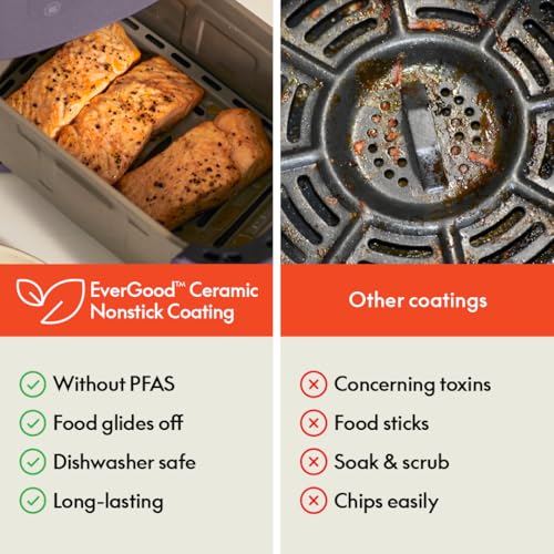 bella 4Qt Slim Air Fryer, Fits-anywhere™ Kitchenware, EverGood™ Ceramic Nonstick Coating, Adjustable Temperature, 6 Preset Cooking Options, 60 Min Auto Shutoff w Audible Tone, 3.3lb Capacity, Oatmilk