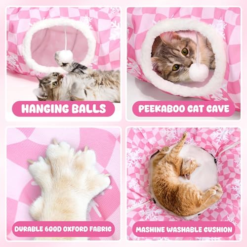 Christmas Tree Cat Tunnel Bed Peekaboo Cat Cave Donut Under Christmas Tree with Soft Cushion & Hanging Ball Toy Candy Cane Design Cat Interactive Playground Perfect for Kittens, Ferret, Rabbit