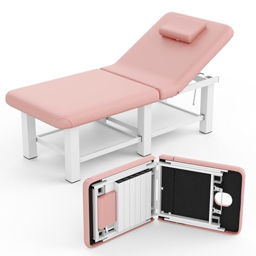 pouseayar Stationary Massage Table Folding Bed with Backrest for Treatment Table Physical Therapy Table Spa Facial Bed, Metal Frame PU Leather, 30.5'' Wide × 75'' Long - Black