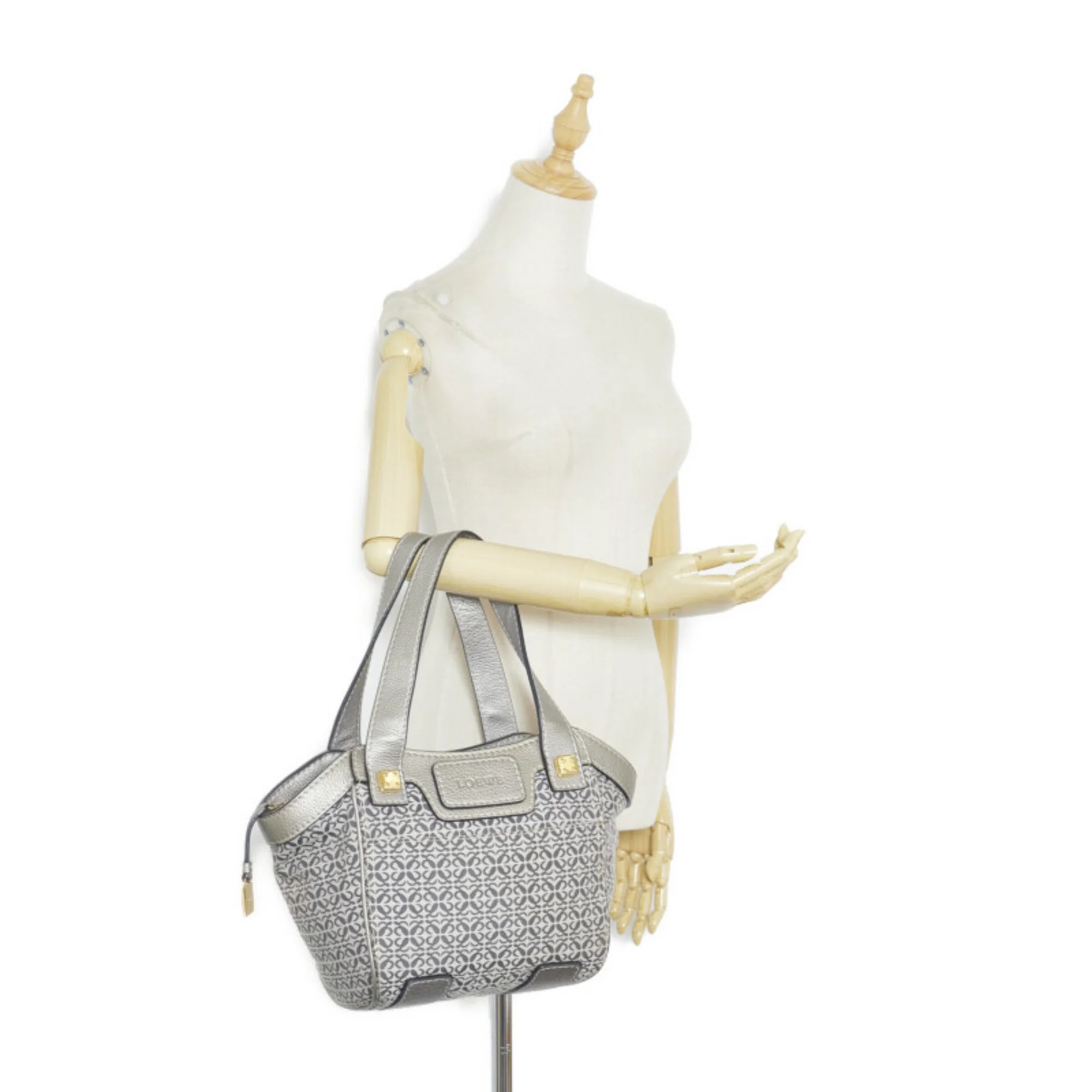 Pre-Owned Loewe Anagram Handbag Tote Bag Gray Silver Canvas Leather Women's LOEWE (Fair)